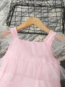 SHEIN Young Girl's Mesh Contrast Ruffle-Trimmed With Beading Decoration Cami Dress - Pink - View 4
