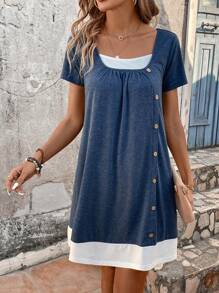 SHEIN VCAY Women's Color Blocking Front Buttoned Dress - Blue - View 3