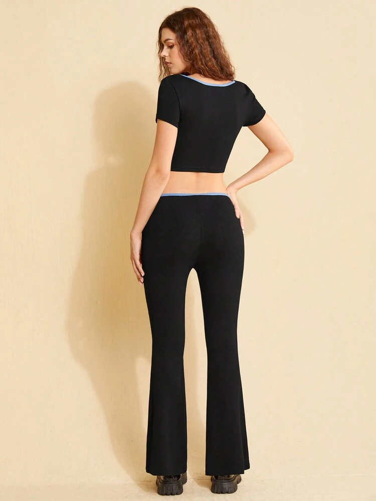 Ladies' Sweetheart Neckline Tie Front Short Sleeve T-Shirt And Pants Two-Piece Set