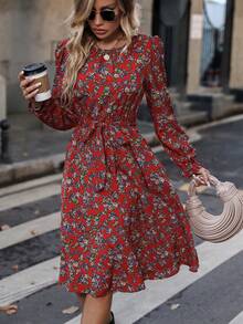 Váy dài tay họa tiết hoa nhỏ xinh dành cho nữ - Đỏ - Xem 6