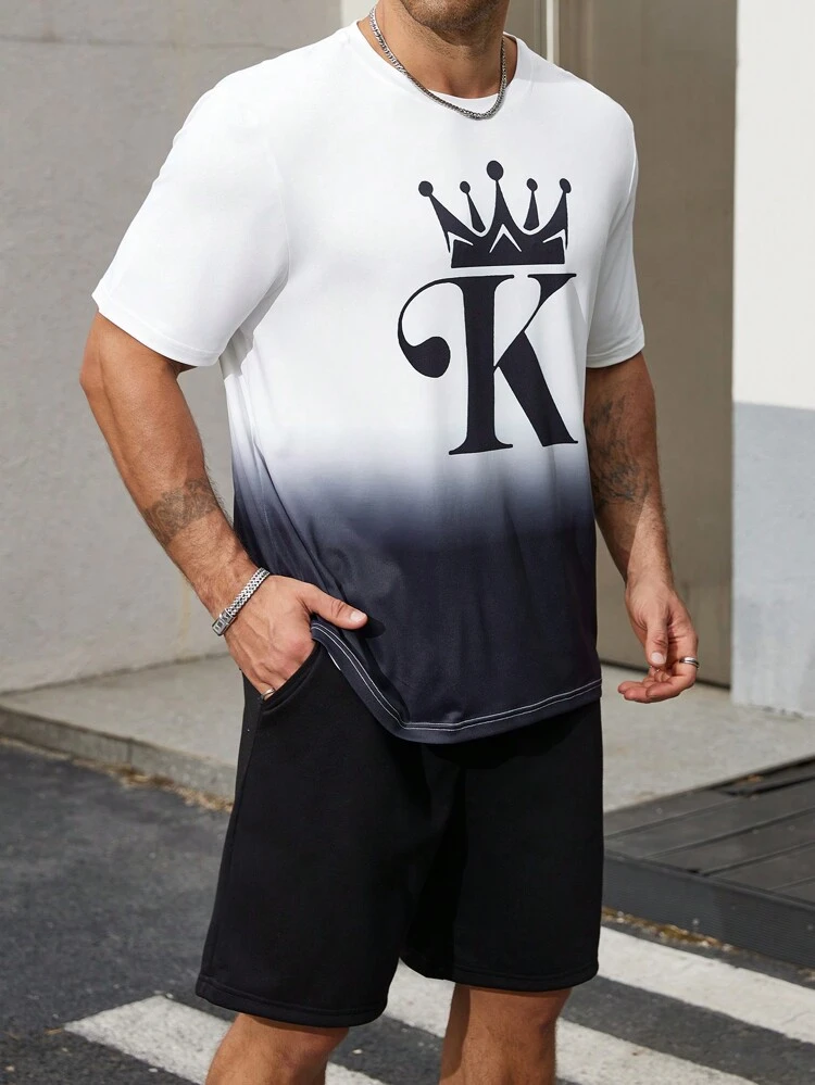 Men's Plus Size Crown And Letter Printed Ombre T-Shirt With Solid Color Shorts 2pcs Set