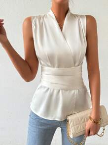 SHEIN Clasi Sleeveless Satin Blouse With Wrap Collar Peplum Top