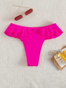 SHEIN Swim Summer Beach Tiered Ruffle Hem Thong Bikini Bottom - Hot Pink - View 3