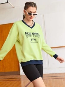 Gameset SHEIN Sport Letter Print Contrast Trim V-Neck Sweatshirt - Yellow - View 4