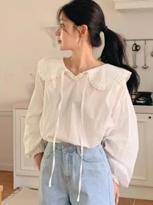 DAZY Của phụ nữ Đứng cổ áo Áo sơ mi Với Lá sen tỉa - trắng - Xem 1