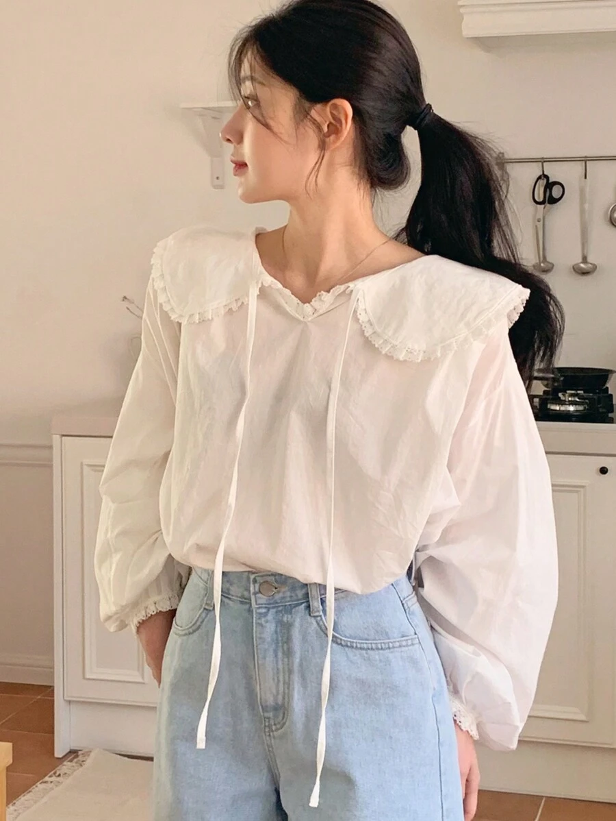 DAZY Của phụ nữ Đứng cổ áo Áo sơ mi Với Lá sen tỉa - trắng - Xem 1