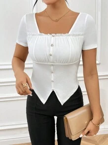 SHEIN Privé Asymmetric Hem Women's T-Shirt - White - View 4