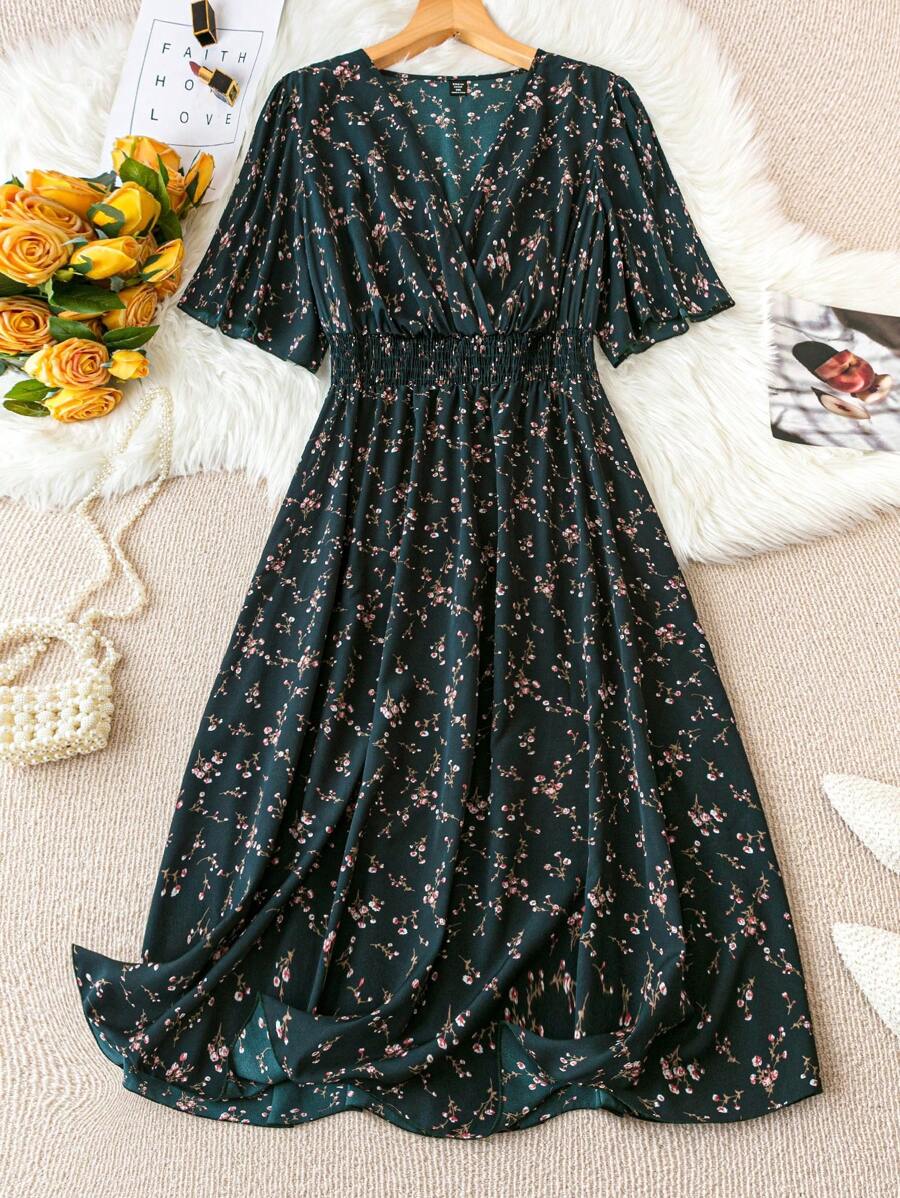 SHEIN Clasi Váy in hoa cỡ lớn có cạp chun eo, trang phục mùa hè cho nữ - Màu xanh lá cây đậm - Xem 1