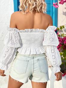 Soleia Của phụ nữ Nếp uốn Off-shoulder Tay áo dài Áo sơ mi Với Lá sen tỉa Chi tiết - trắng - Xem 6
