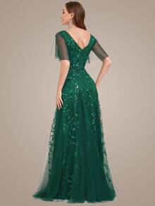 EVERPRETTY 优雅蝴蝶袖亮片礼服 - 墨綠色 - 查看 2