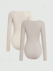 Sweetra Women's Slim Fit Long Sleeve Bodysuit With Scoop Neck Fall Cloth For Women - Khaki - View 2