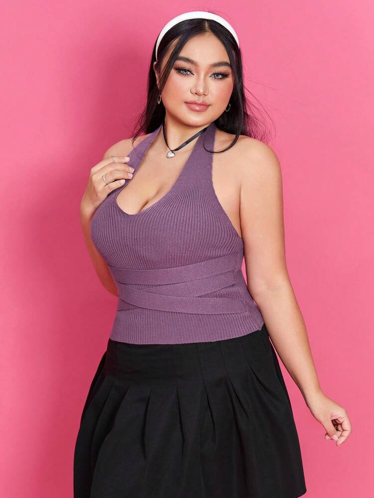Plus Size Women's Purple Halter Neck Knit Top, Slimming And Versatile