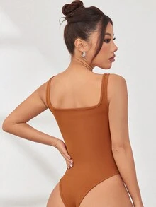 1pc Square Neck Ribbed Knit Bodysuit - Brown - View 2
