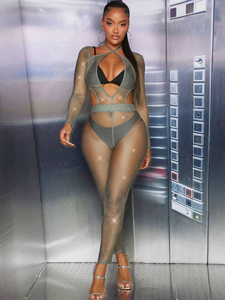 Glitter Mesh Cut Out Bodycon Jumpsuit