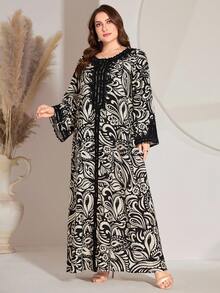 Plus Size Women's Allover Lace Patchwork Arabic Style Dress - Multicolor - View 5