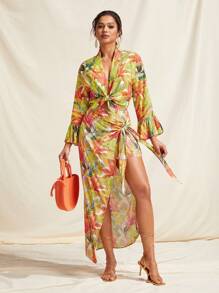 Amiko Batwing Sleeve Tie Front Kimono - Multicolor - View 7