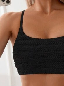 Swim Basics Summer Beach Women's Solid Color Textured Bikini Set - Black - View 3