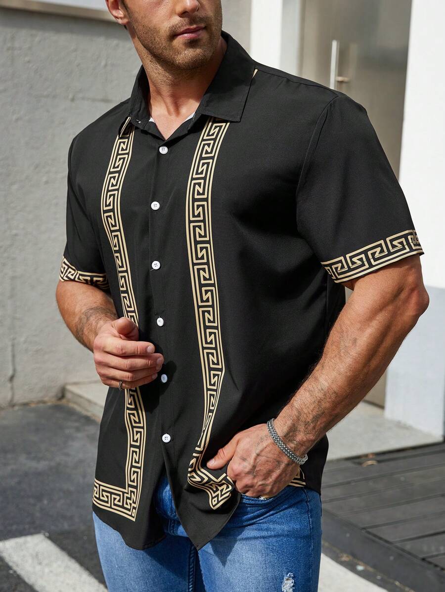Manfinity Homme 男士加大尺寸馬賽克圖案拼接短袖襯衫，扣上圖案休閒襯衫適用於外出 - 彩色 - 查看 1