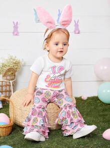 SHEIN Baby Girl Easter Cute Cartoon Pattern Short Sleeve Ruffle Top And Flared Pants Set