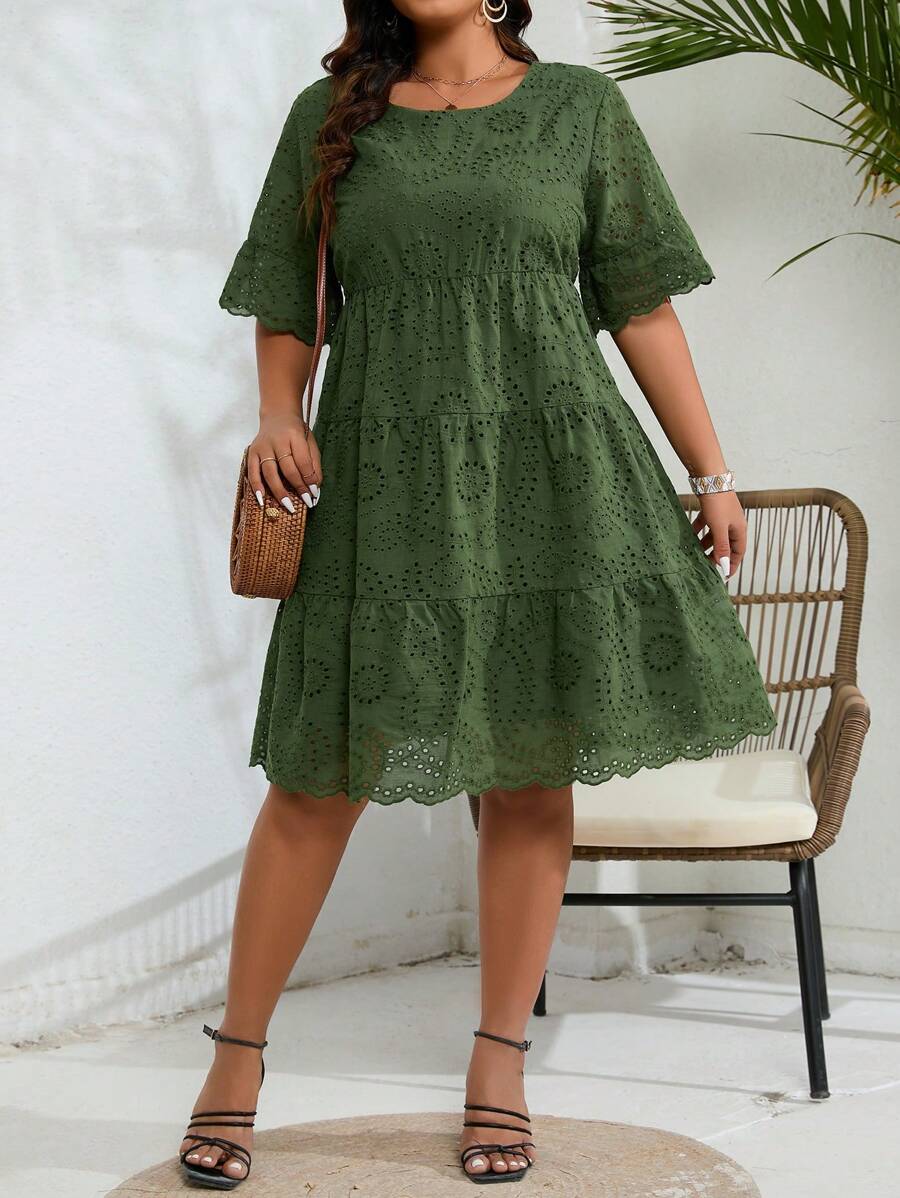 SHEIN Clasi Plus Size Embroidered Mesh Dress With Ruffle Hem - Army Green - View 1
