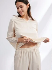 LUVLETTE 奶油白婚礼必备度假棉质莫代尔蕾丝长款女士睡衣套装，可作内衣外穿家居服，适合秋季、春季和夏季穿着。 - 米色 - 查看 10