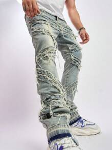 SHEIN Explorewe Nuevos Jeans Vintage Desgastados Para Adolescentes Con Remiendos Y Dobladillos Deshilachados, Casuales Y Elegantes - Azul lavado medio - Ver 5