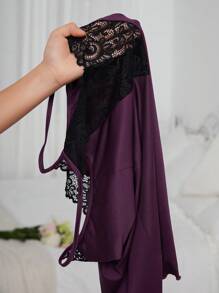 Camisón de pijama para mujer con encaje de contraste y parches - Rojo violeta - Ver 6