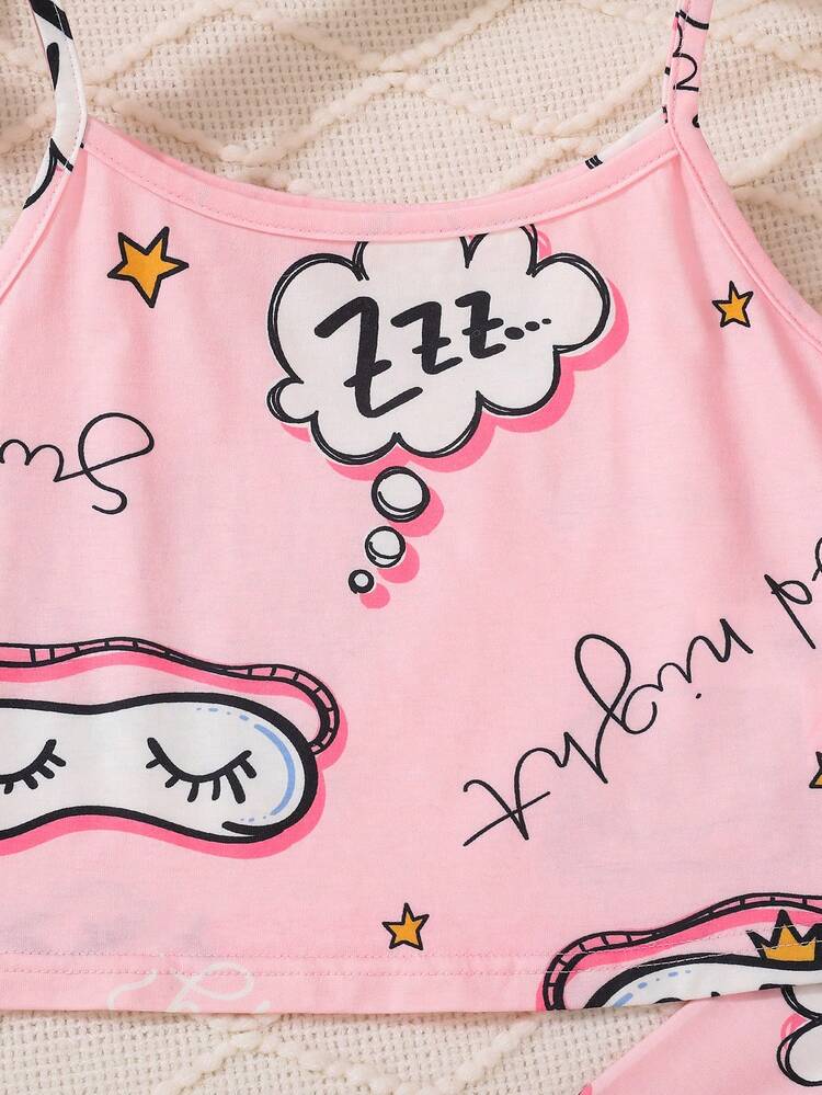 Teen Girl Pink Fun Letter Print Tank Top And Pants 2-Piece Homewear Set