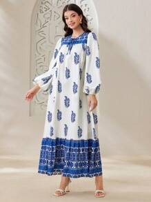 Al Najma Women's Arabic Lantern Sleeve Floral Printed Dress - Blue and White - View 1