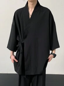 Manfinity Hypemode 男士纯色落肩袖衬衫，宽松短衬衫纯黑色都市日式风格男友礼物 - 黑色 - 查看 3