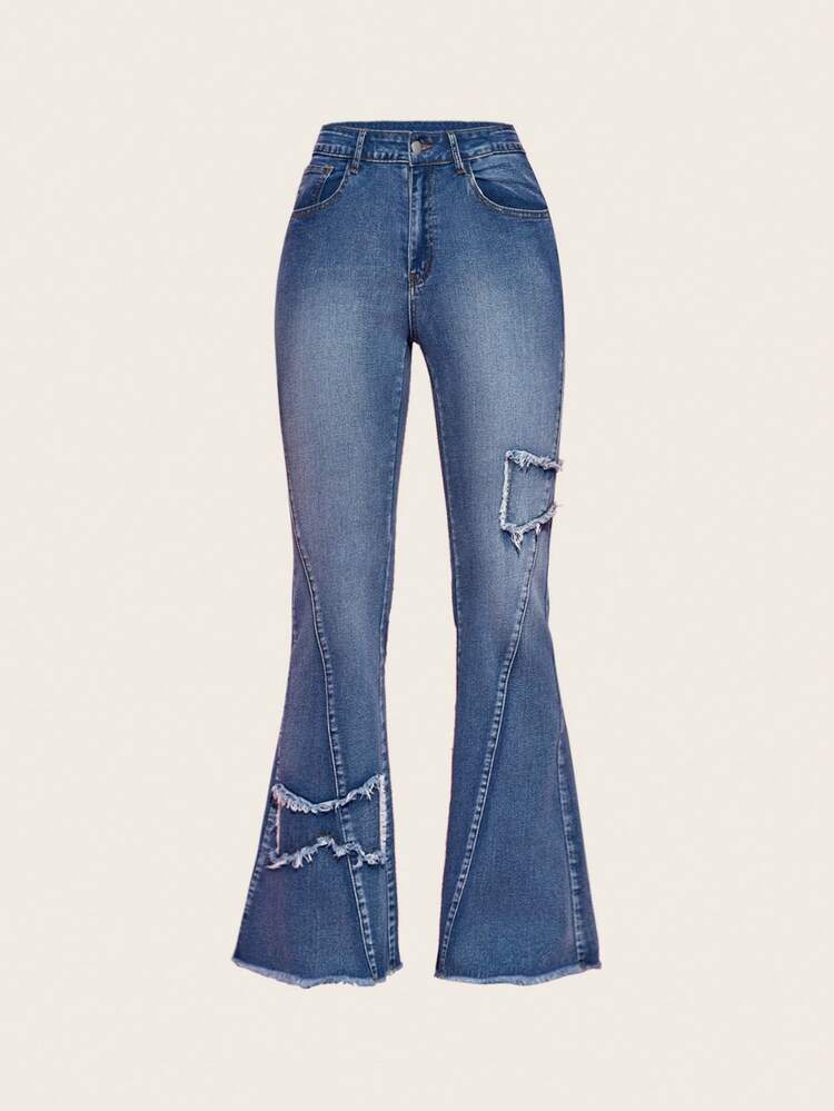 Women's Water Wash Flare Jeans With Raw Hem Decoration
