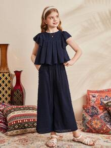 SHEIN Leap Crew 少女宽松休闲彼得潘领荷叶袖上衣和裤子套装