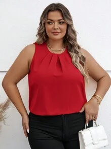 SHEIN Clasi Plus Size Round Neck Sleeveless Blouse - Red - View 4