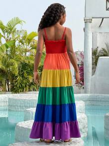 SHEIN Tween Girl's Rainbow Color Block Woven Panel Cami Dress For Casual Occasions - Multicolor - View 2