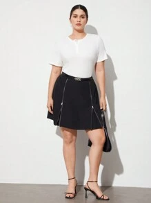 BizChic Plus Size High Waist Zipper Front Skirt - Black - View 8