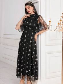 Modelyn Đầm dạ hội dài thêu hoa lưới tương phản cho nữ - màu đen - Xem 3