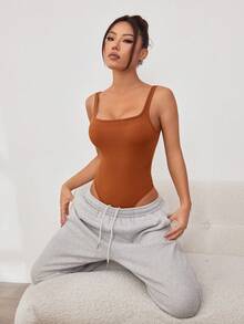 1pc Square Neck Ribbed Knit Bodysuit - Brown - View 6