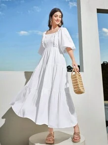 Seusyu Women's Lace Patchwork Puff Sleeve Dress - White - View 6