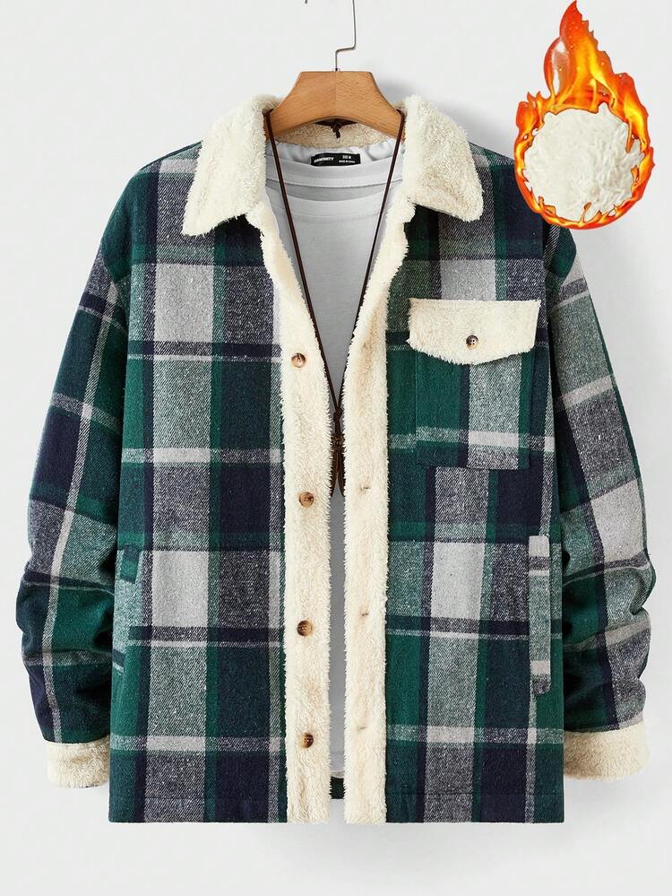Oversized Men's Casual Plaid Patchwork Fleece Denim Jacket, For Fall Winter