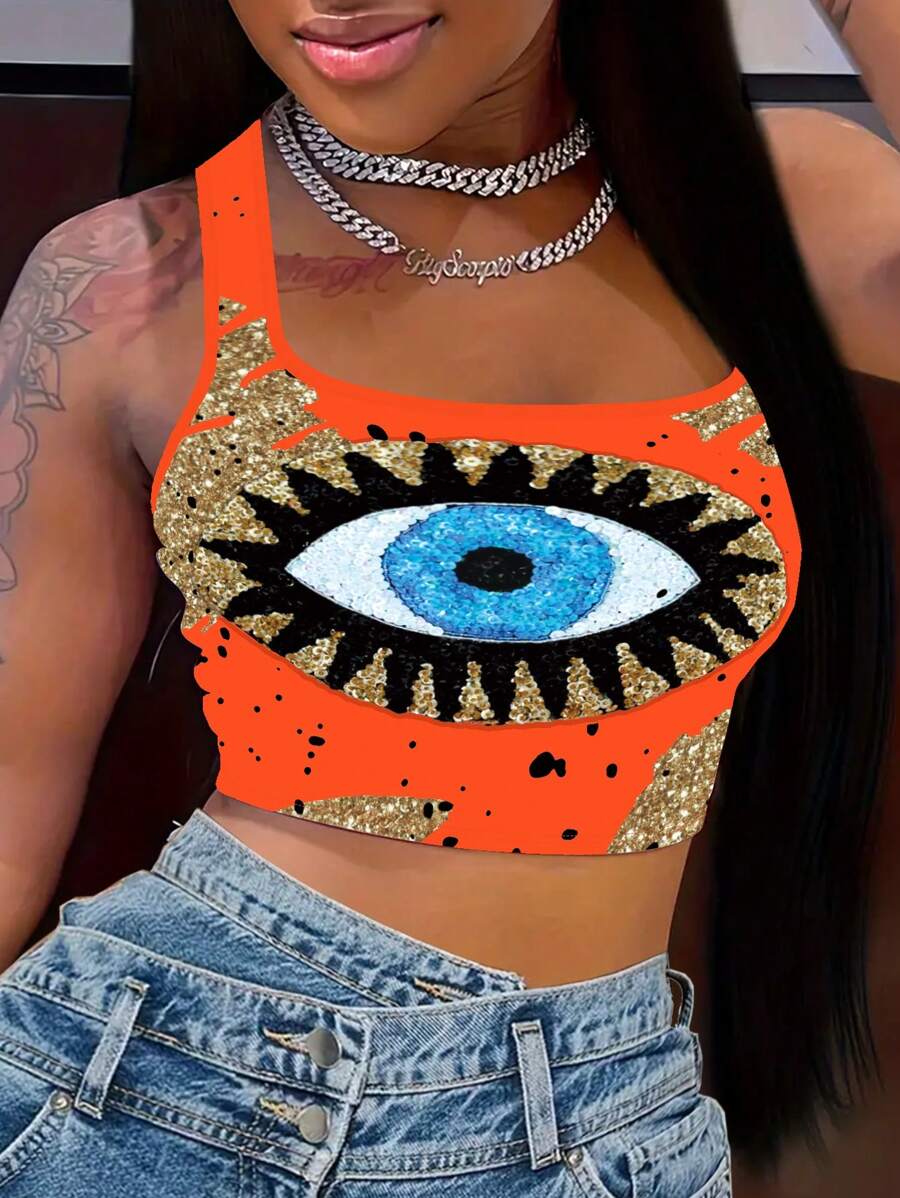 SHEIN Slayr Women's Eye Print Cropped Tank Top Graphic Tees Women Tops - Orange - View 1