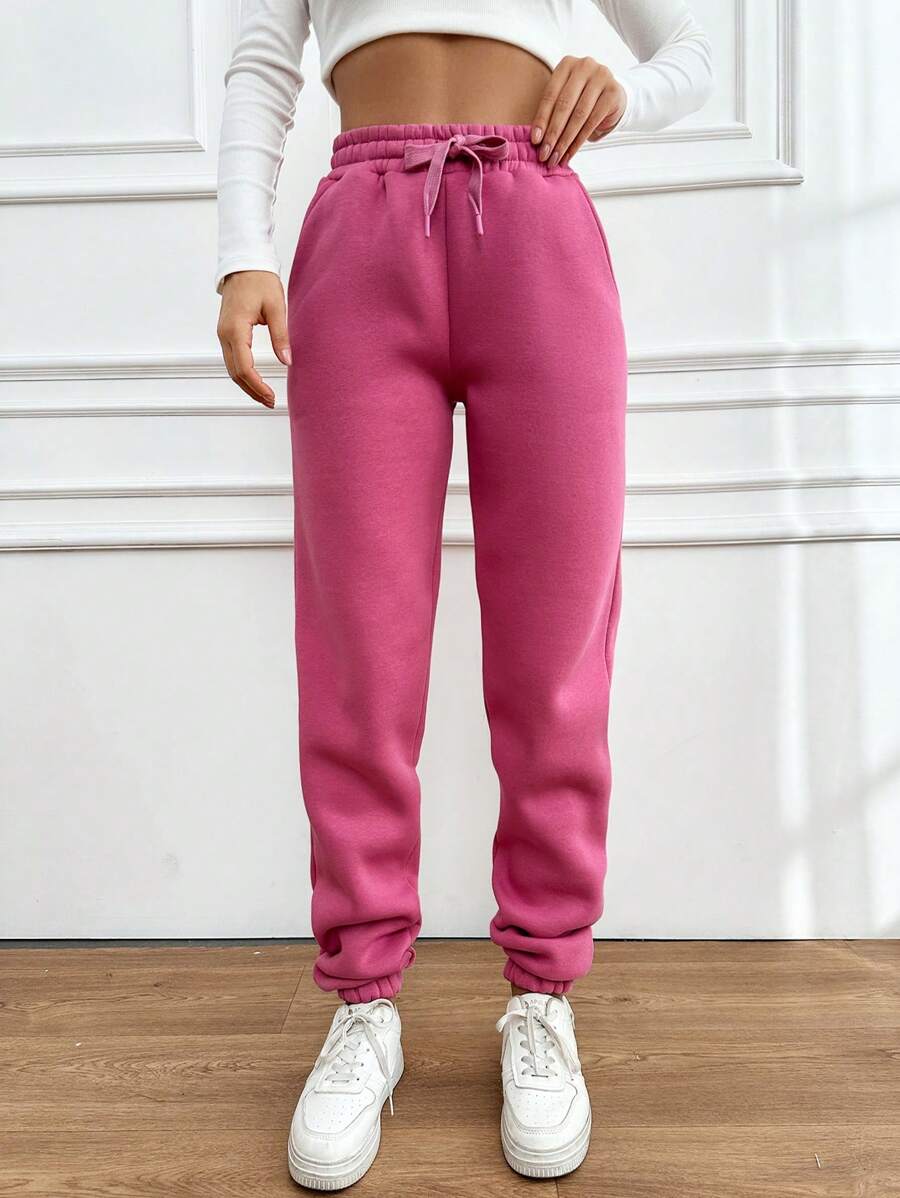 SHEIN Cottnline Pantalones Deportivos Con Cordón En La Cintura Y Dobladillo Con Puños Para Mujer - Rosa - Ver 1