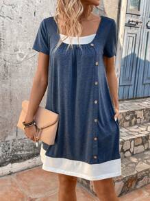 SHEIN VCAY Women's Color Blocking Front Buttoned Dress - Blue - View 4
