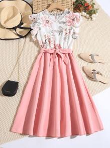 少女優雅甜美蕾絲花朵印花蓋袖拼布連身裙 - 粉色 - 查看 4