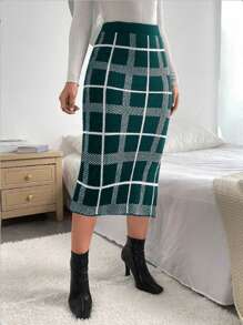 Chiquease Women's Jacquard Plaid & Stripe Knit Skirt - Dark Green - View 3