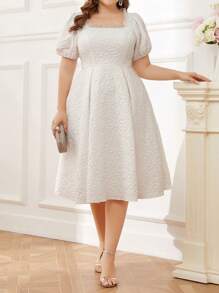 SHEIN Belle Rochie țesătă cu decolteu în U din jacquard, cu pliuri, volane și dantelă decorativă pentru rochie de petrecere pentru femei de dimensiuni mari Rochie de mireasă elegantă, albă, mărime mare - Bej - Vizualizare 6