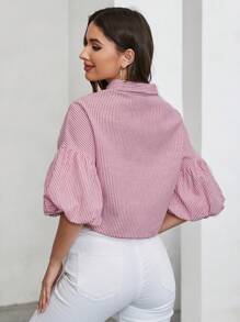 SHEIN Privé Ladies' Vertical Stripe Lantern Sleeve Blouse For Valentine'S Day, Dating , Parties And Summer Holiday - Red - View 2