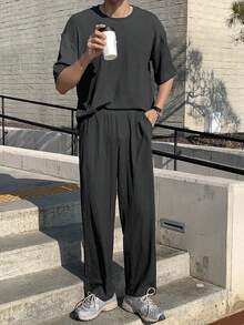 DAZY Nam Màu thuần Vòng cổ Áo thun Và Quần Mùa xuân/Mùa hè Bộ - Màu xám đen - Xem 4