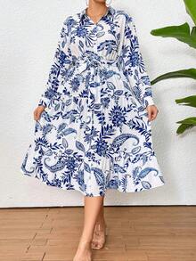 Breezaya 大尺碼女士花卉印花襯衫連衣裙 - 藍白色 - 查看 3