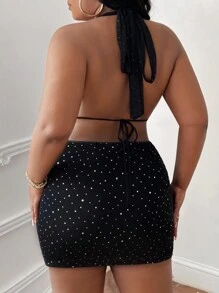 Slaydiva Bộ đồ ngủ gợi cảm 2 mảnh hở lưng lưới lấp lánh cổ chữ V sâu cỡ lớn cho nữ và chân váy midi, bộ đồ ngủ hẹn hò - màu đen - Xem 3