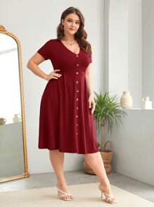SHEIN Clasi Women's Plus Size Buttoned V-Neck Waist-Cinching Dress